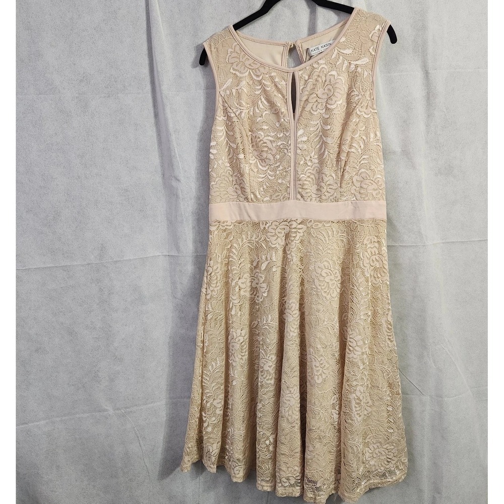 Kate Kasin Beige Lace Overlay Knee Length Keyhole Dress Size Large NWT